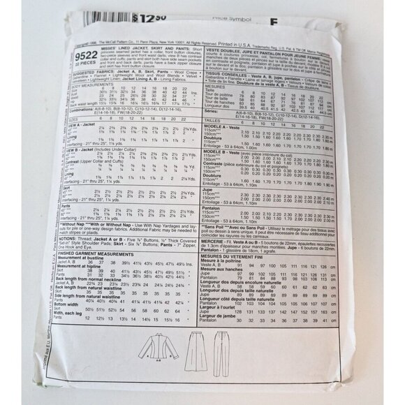 McCall's 9522 Sewing Pattern Misses' Lined Jacket Skirt Pants Size 18 20 22 Uncu - Picture 4 of 4